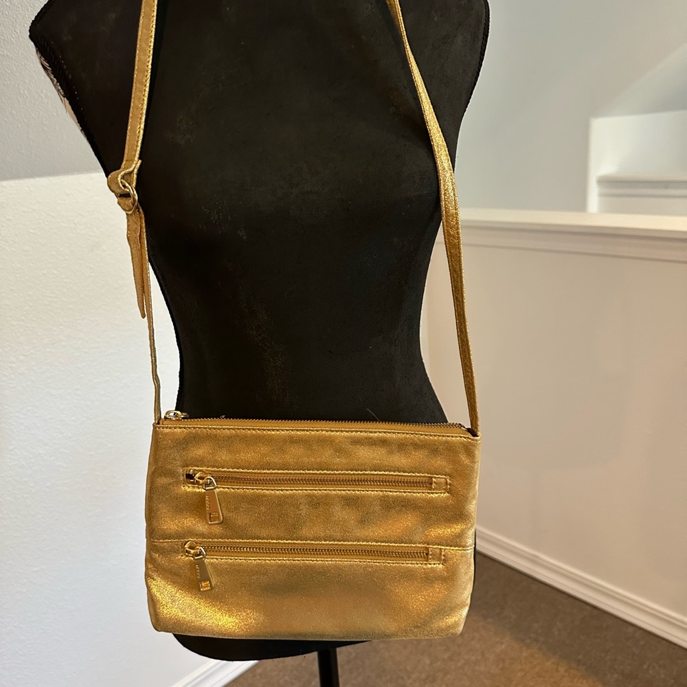 HOBO Gold Metallic Crossbody Bag with Structured Design